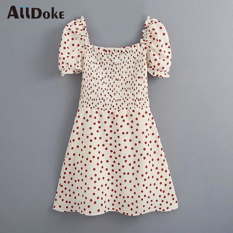 Женское Короткое платье в горошек ALLDOKE летнее повседневное ТРАПЕЦИЕВИДНОЕ