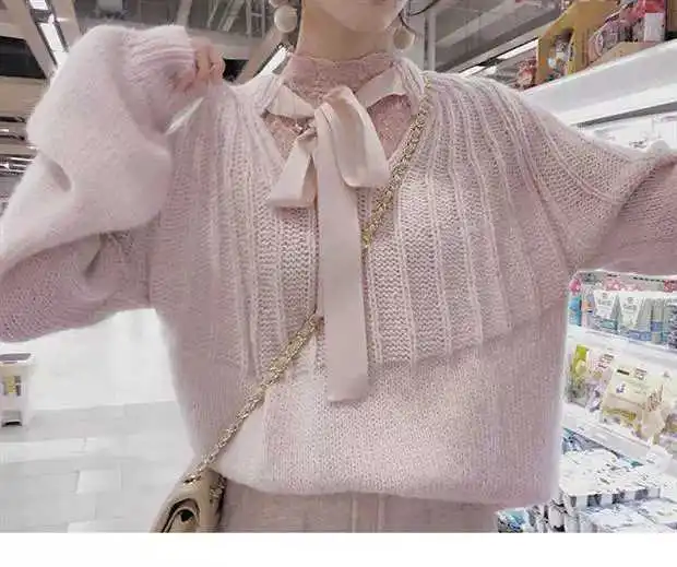 Женский свободный пуловер с лямкой на шее вязаный джемпер осень и зиму 2019 |