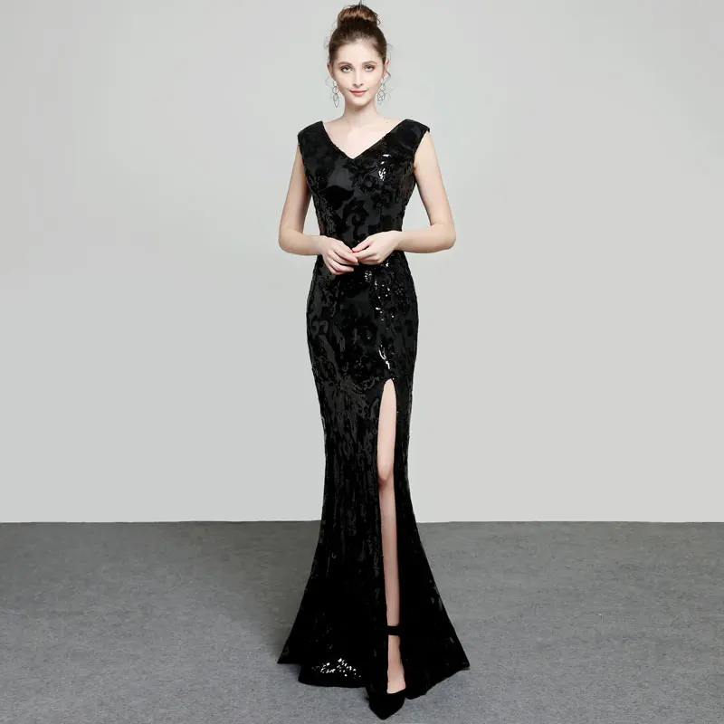 Большие размеры черные длинные вечерние платья русалки с блестками для