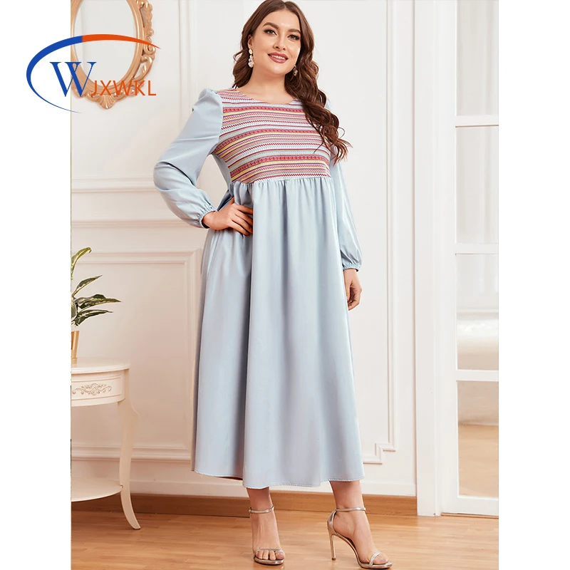 

WJXWKL 2021 Vintage Ethnic Large Size Women's Round Neck Long Sleeve Fashion Print Stitching Waist-Slimming Fashion Muslim Dress