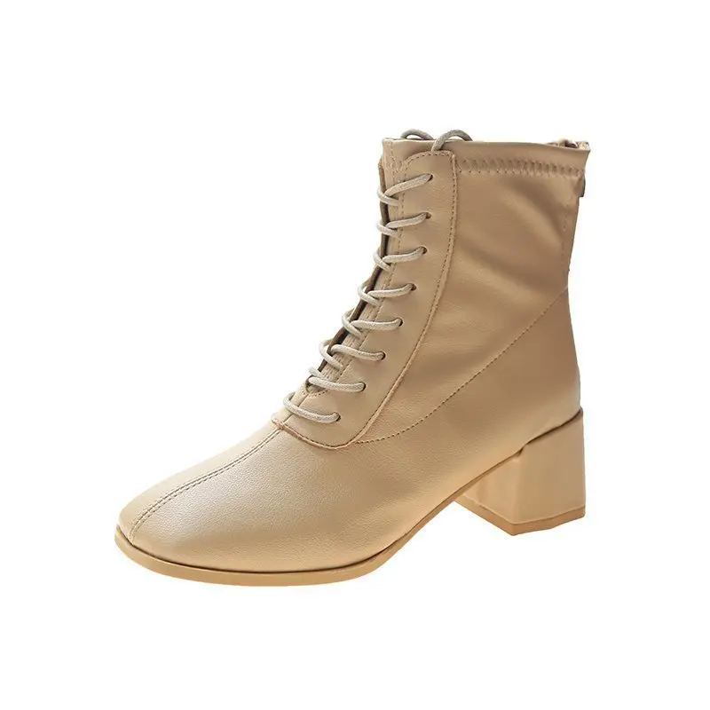 

2021 Square Toe Women Leather Boots Heels For Ladies Work&Safety Ankle Boot Shoes Woman Zipper Winter Warm Footwear Handmade