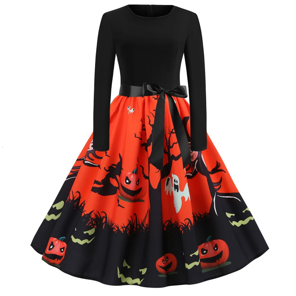 Halloween Dress Summer 2019 New Cartoon Skull Pumpkin Print Long Sleeve Nightmare Before Christmas Robe Vintage Dresses Pinup | Женская