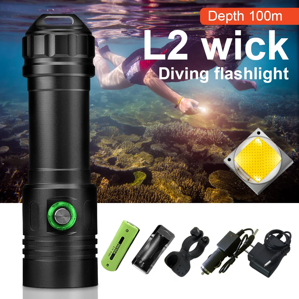 

100m underwater flashlights lamp scuba led torch flashlight rechargeable 26650or18650 battery cree xm l2 waterproof 5000 lumens