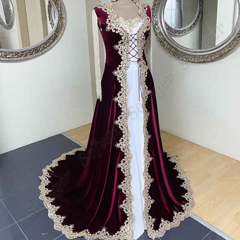 

Burgundy Velvet Gothic Evening Dress Muslim Prom Appliques Caftan Robe De Soiree Celebrity Vestidos Fiesta Costomized