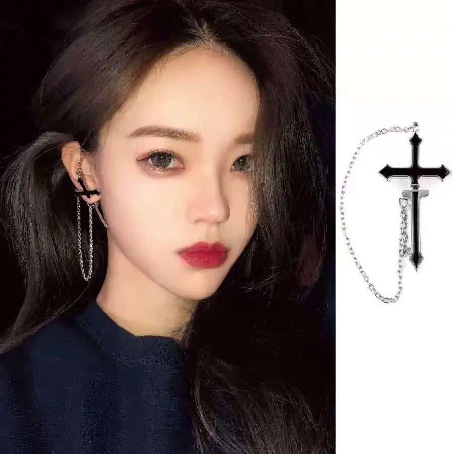 

black big cross chain dangle earrings punk hiphop tassel drop earrings for women party jewelry wholesale
