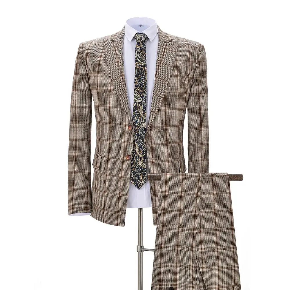 Formal Men's Suits Regular Fit 2 Piece Plaid Wool Tweed Prom Brown/Coffe Tuxedos Business Jacket Blazer+Pants For Wedding