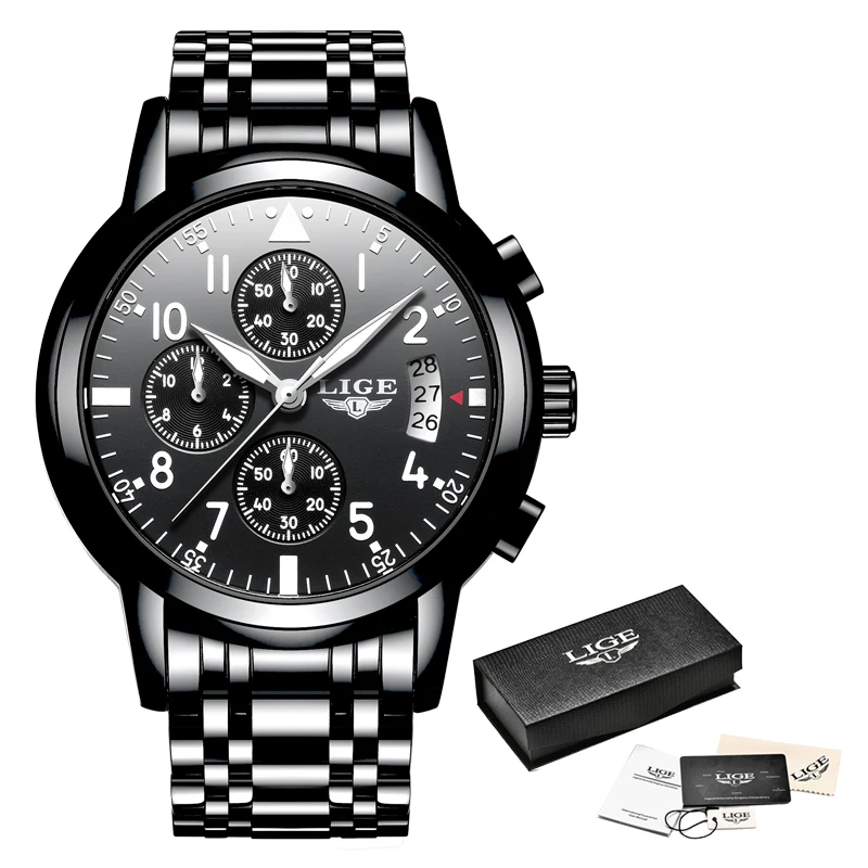 

2020 LIGE Mens Watches Top Brand Luxury Fashion Business Quartz Watch Men Sport All Steel Waterproof Black Clock erkek kol saati