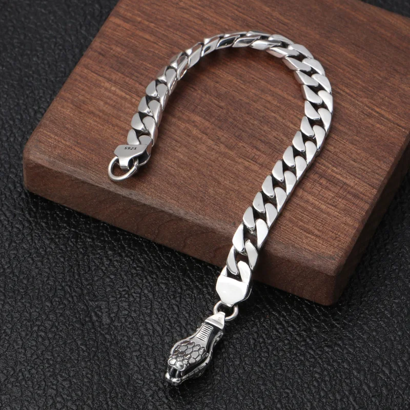 Genuine 925 Sterling Silver Men's Bracelet Jewelry Vintage Classic Snake Head Buckle Glossy Domineering Accessories | Украшения и