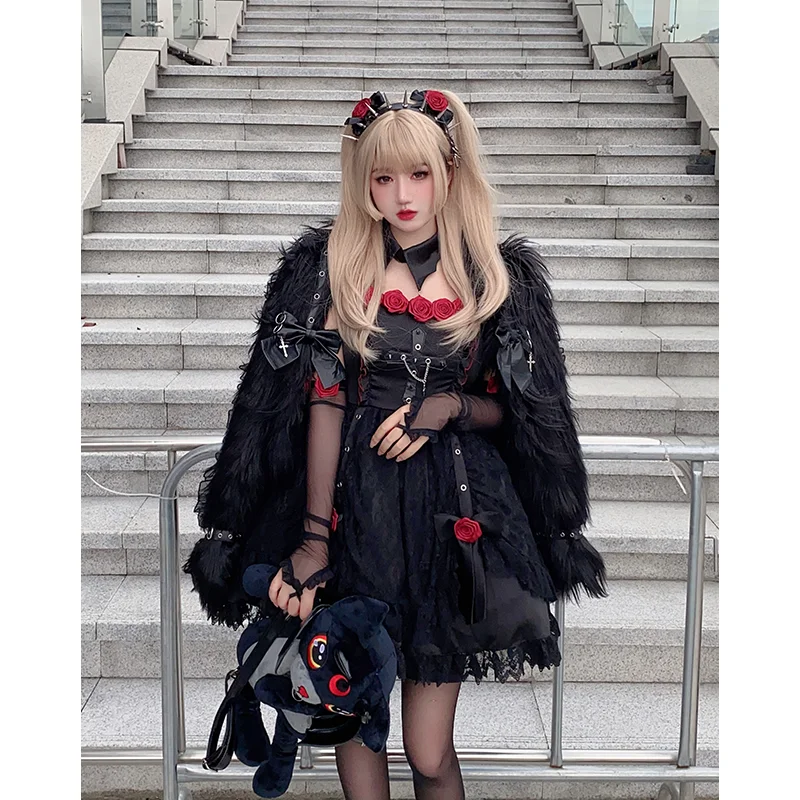 Оригинальное японское модное милое черное платье в стиле Харадзюку панк с