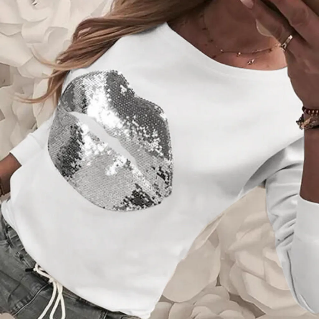 Женская толстовка с блестками белый пуловер принтом блестящих губ свободный