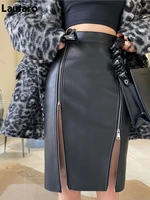 lautaro autumn soft black pu leather midi skirt women with double slit zipper high waist korean style fashion 2021 streetwear