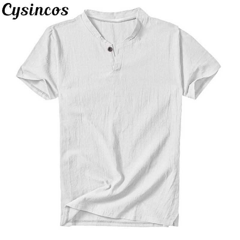 CYSINCOS мужская хлопковая льняная футболка 2019 летняя однотонная Повседневная