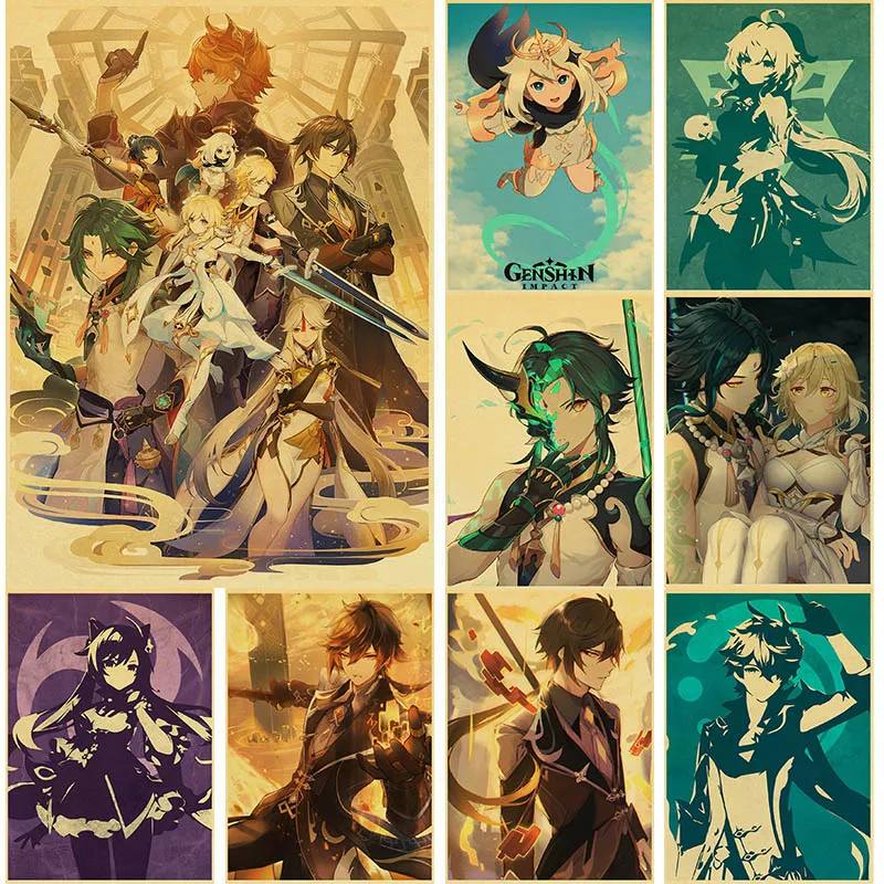 Классическая игра Аниме Genshin Impact мультяшный персонаж крафт-бумага постер Декор для дома бара комнаты Картина Настенная Наклейка подарки A3 42*30 см