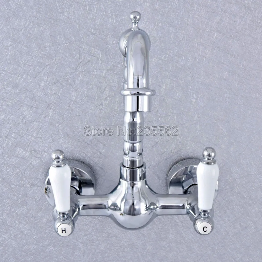 Полированный хромированный настенный смеситель с двойной ручкой для кухонной