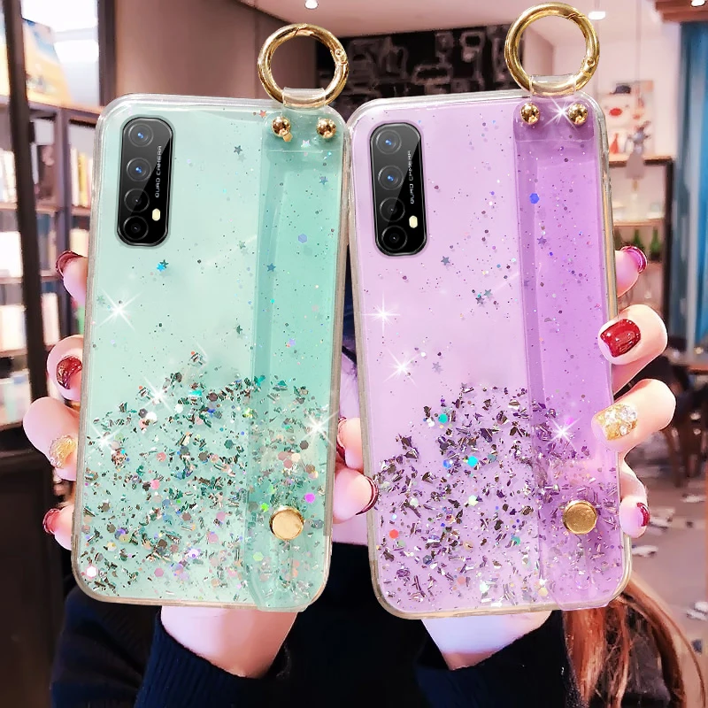 

Ultra-thin Bling Glitter Wristband Silicone Phone Case For Realme 8 7 6 5 Pro X2 XT X 3 X50 C15 C11 Luxury Cute Lanyard Cover