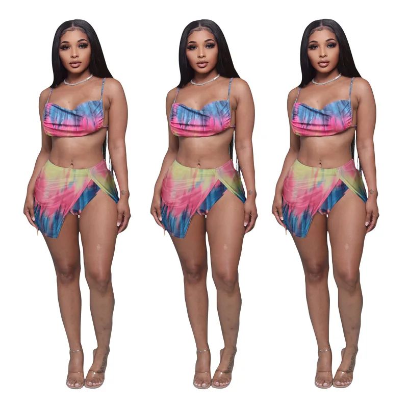

New Sexy Bikini 2021 Floral Swimsuit Women's Set Summer Beachwear Colorful Swimwear Band Slit Pleated Skirt Three Piece