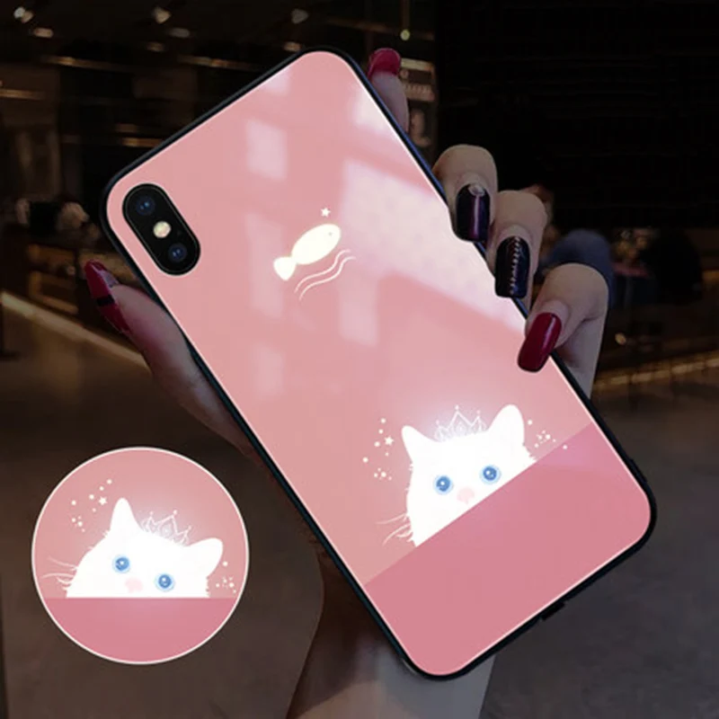 EKIND Cat серия чехол из закаленного стекла для телефона для iPhone X XS XSMAX светодиодный логотип Вспышка стеклянный чехол для iPhone защитный чехол для телефона