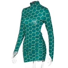 Minivestido de otoño con cuello de tortuga para mujer, con anillo de Metal, estampado Digital de colmena de abeja, dobladillo Irregular, ajustado, 2021 (1)