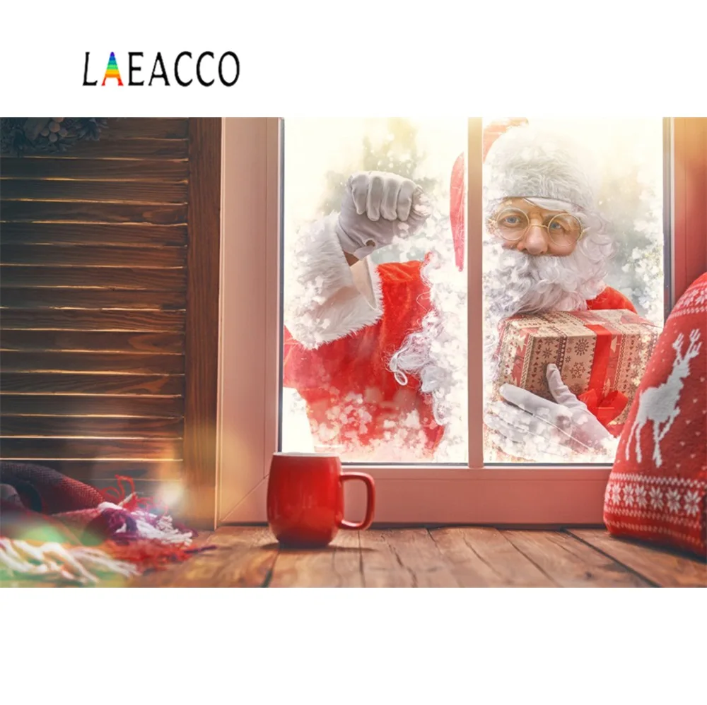 Laeacco веселые рождественские фестивали Санта Клаус зима снег окно подушка венок вечерние Детские Фото Фон фотографии фоны