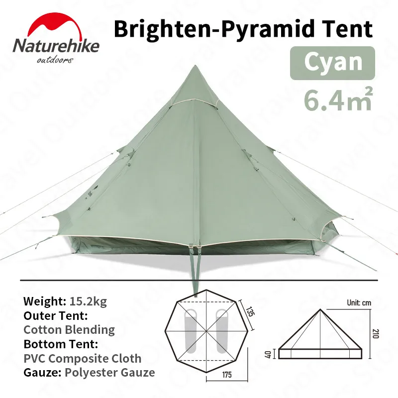 

Naturehike палатка для кемпинга, хлопок, пирамида, большая площадь, утолщенная, 3-4 человека, палатка, водонепроницаемая, для пеших прогулок, дышащ...