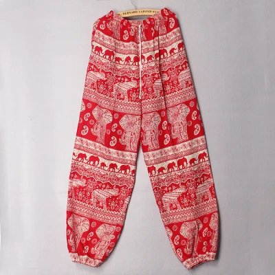 bright red photo 1 Мягкие хлопковые льняные тайские индийские народные банданы со слоном на завязках на талии свободные шаровары широкие штаны пляжные тренировочные брюки для бега Boho - Цвет: bright red photo 1