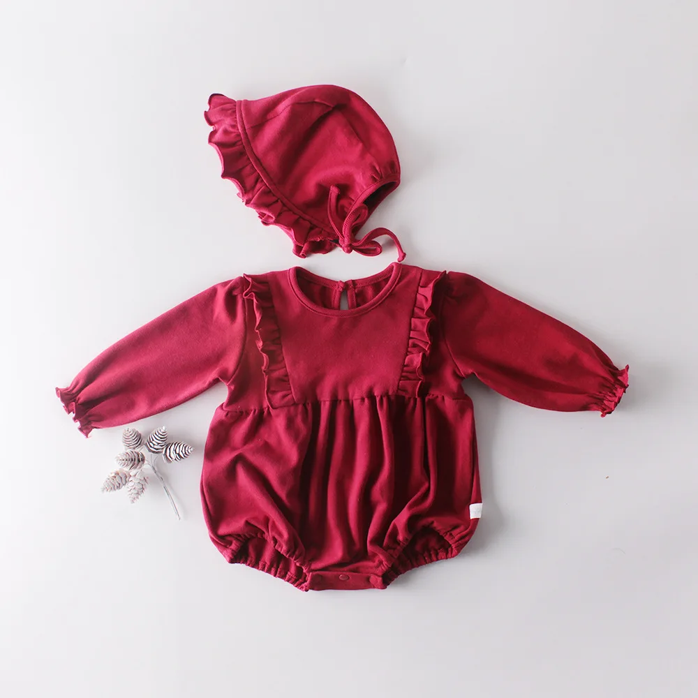 

Baby Girl Jumpsuit Spring Autumn Newborn Clothes Princess Solid Red Party Pretty Long Sleeve Badysuit Romper +Hat 2Pcs Sets Suit