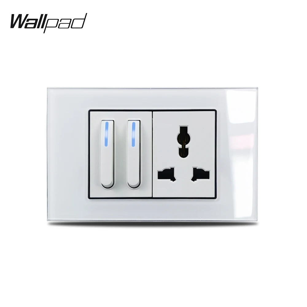 

118*75mm Piona 2 Gang Switch and Universal Socket Wallpad L3 White Glass Panel Switch Button with LED and Multifunction Socket