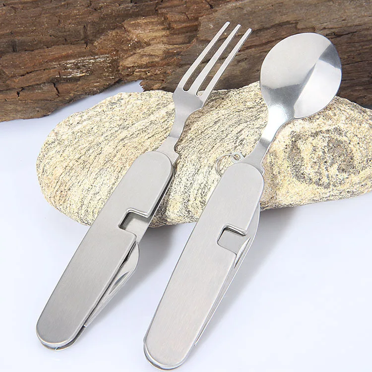 

Folding Spoon Camping Fork Spoon Outdoor Tableware Foldable Stainless Steel Set of Dishe Spoon/Fork/Knife/Bottle Opener 4 In 1