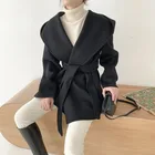 Винтажные шикарные женские свободные пальто с капюшоном, Зимняя Толстая теплая Женская однотонная куртка из смеси со шнуровкой и длинным рукавом, 2022