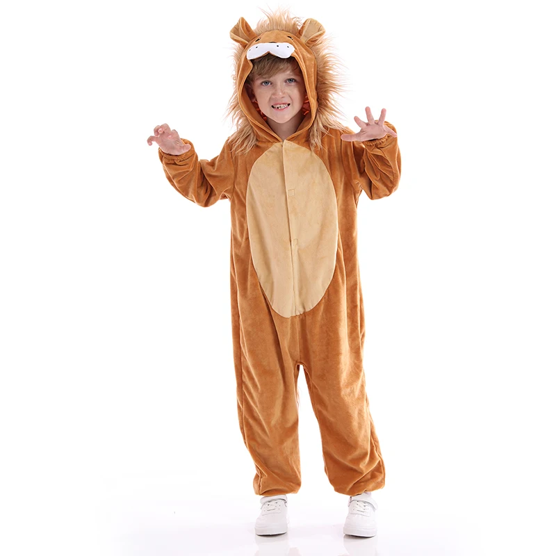 Unisex Kids Halloween Lion Costume Plush Animals One-Piece Novelty SleepWear Homewear Cosplay Romper Jumspuit Winter Pajamas