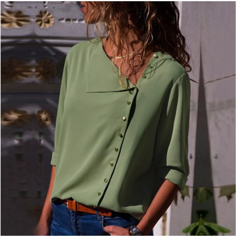 

2021 blouse top chiffon irregular lapel solid office work shirt blouse plus size fashionable sexy