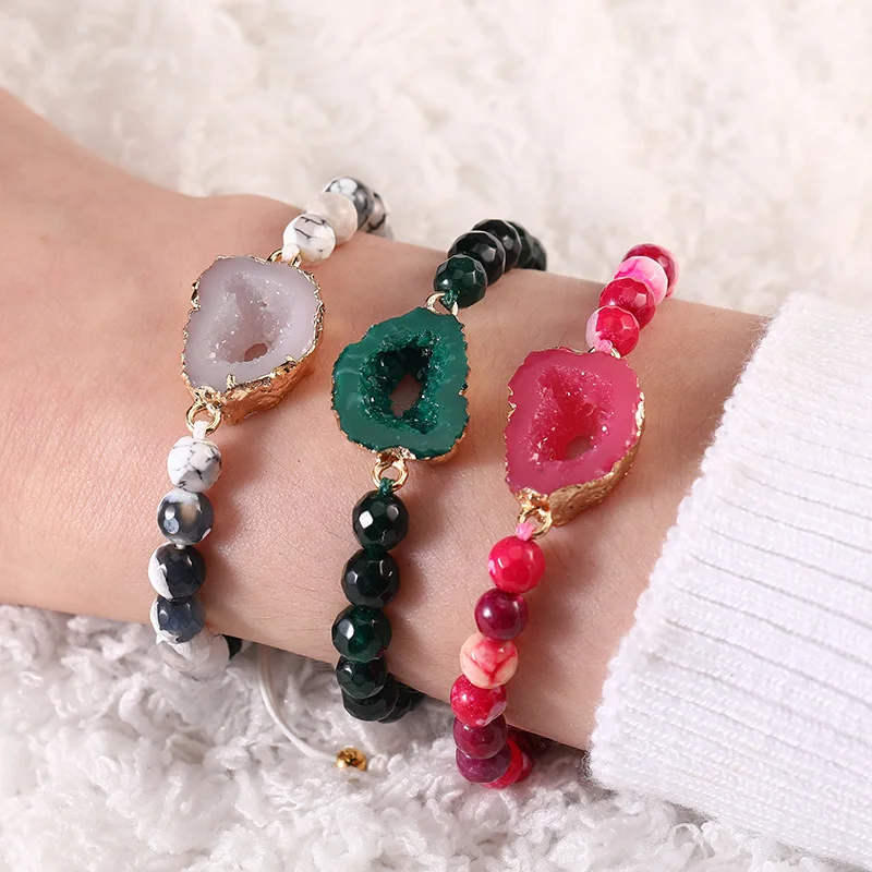 2021 New Colorful Natural Stone Strand Bracelet for Women Adjustable String Resin Druzy Beaded Bracelets Fashion Jewelry Gifts | Украшения
