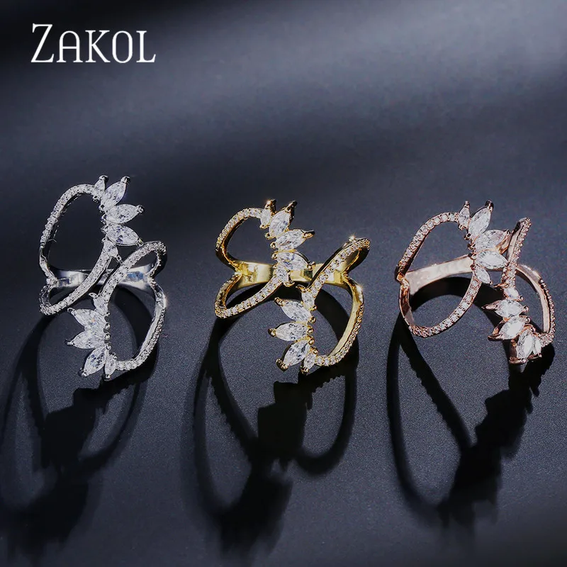 ZAKOL, милые, стильные, белые, циркониевые, открытые кольца, геометрическое, регулируемое кольцо, ювелирные изделия для женщин, вечерние, подарок, FSRP2015