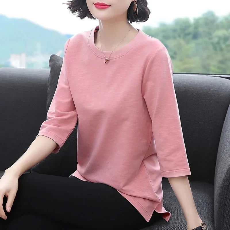 

Casual Loose Three Quarter T-shirt Women Spring Plus size 5XL tee Korean Style Candy Color Tops Chic side Split Pullover Female