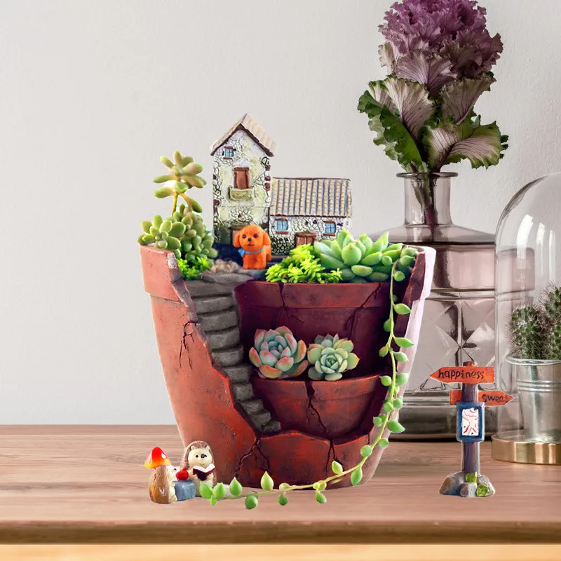 

Creative Sky Garden Farmhouse Artificial Succulents Plants Garden Succulent Plant Pot with Sweet House Flower Basket Planter Pot