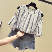 2022 new loose korean short sleeve blouse striped off shoulder chiffon women tops blouses summer clothing blusas mujer y504