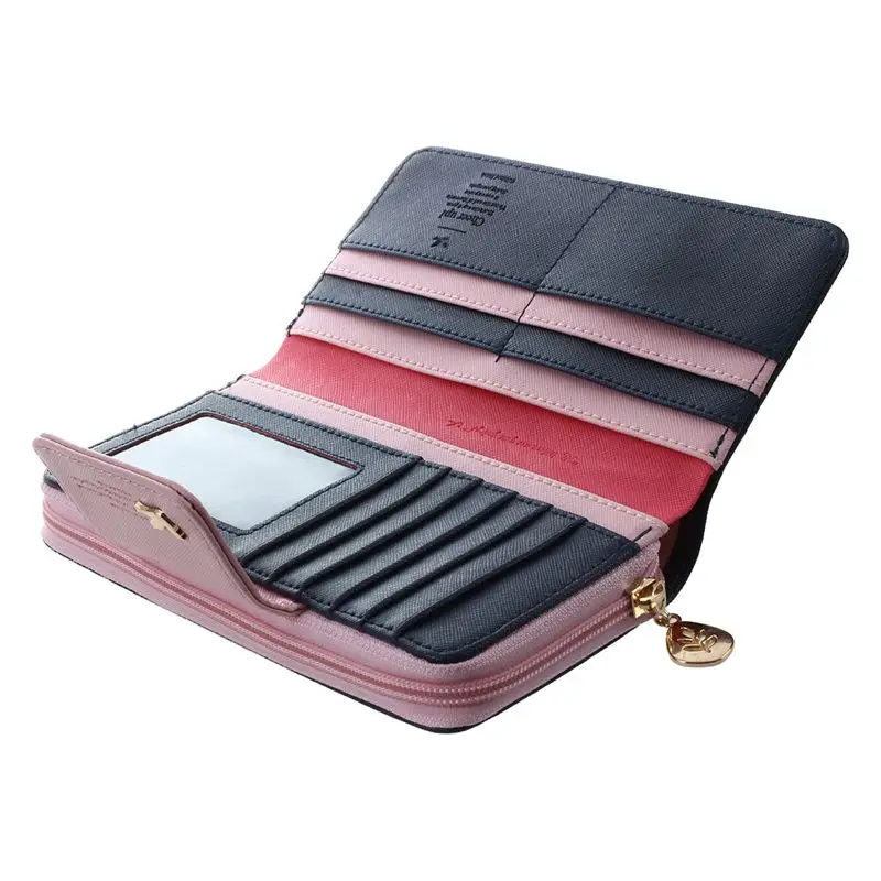 Женский клатч кошелек с длинной молнией из искусственной кожи розового и синего