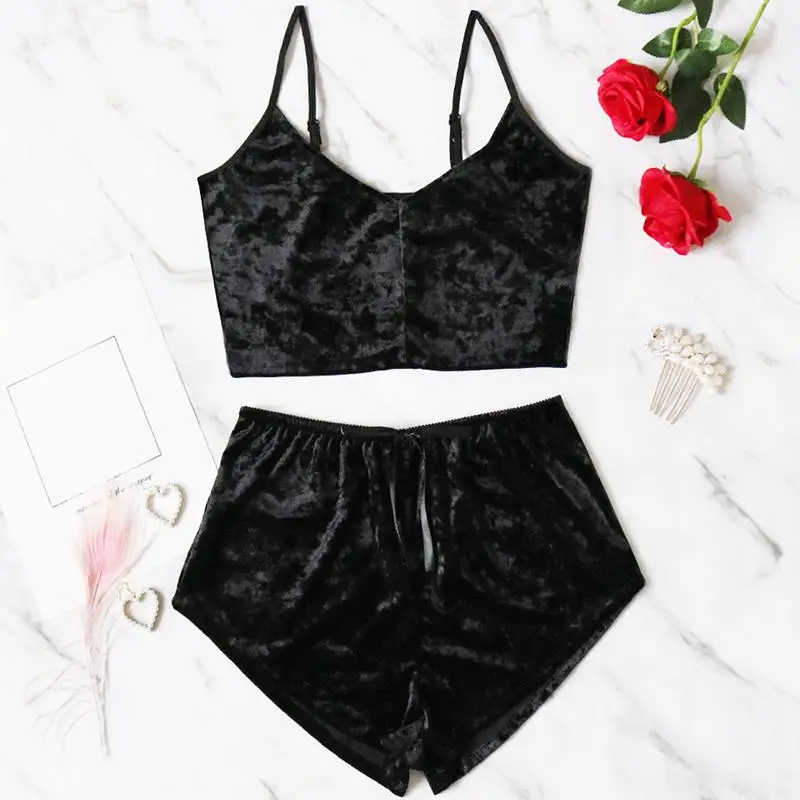 

Two Pieces Bra Sets Velvet Sexy Underwear Ladies Intimates Tops And Pants Babydoll Sleepwear