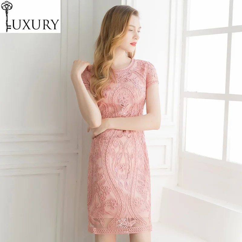 

Spring xxxxl Lace 2020 Summer Party Cocktail Women's O-Neck Allover Appliques Embroidery Short Sleeve Sheath Dress