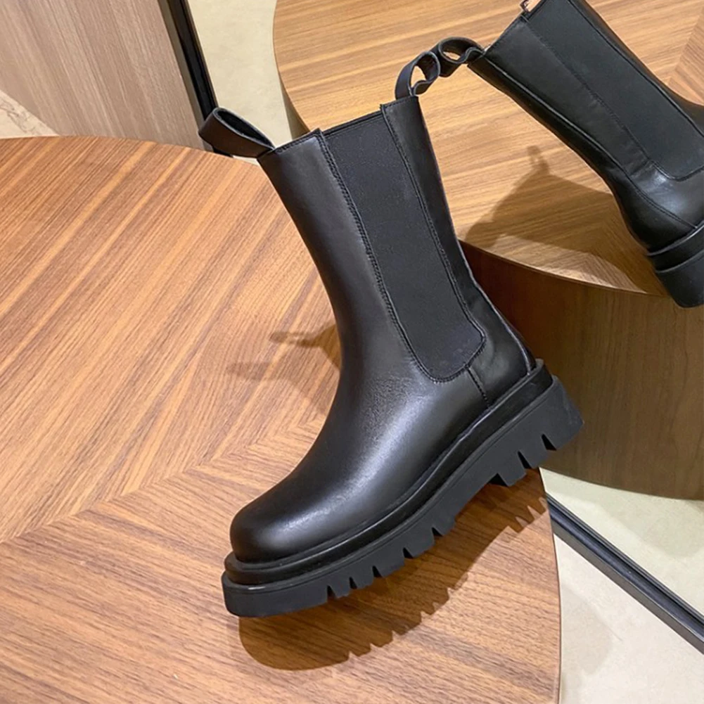 

RIBETRINI Genuine Leather Ladies Black Boots Slip On Solid Round Toe Fashion Boots Women Mid Calf Spring Autumn Shoes Woman