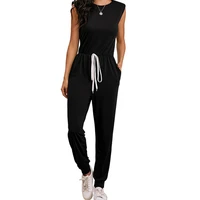 one piece femme sleeveless long pants women o neck lace up jumpsuit summer casual belts rompers elegance solid color jumpsuits