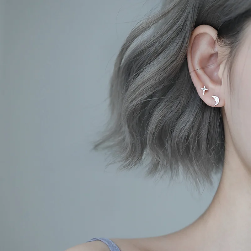 

925 Sterling Silver Asymmetry Crystal Star Moon Stud Earrings For Women Grils Wedding Gift Female pendientes mujer moda eh1253