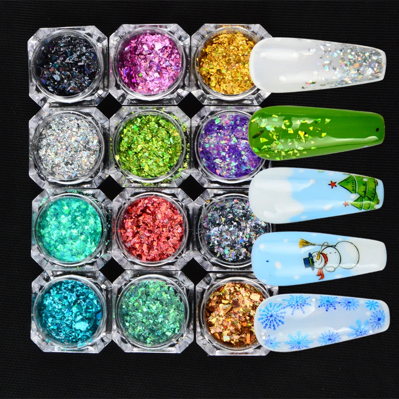 

12 Colors Laser Rainbow Nail Art Glitters Sequins Sheet Powder Diamond Flake Colorful Glitter Holographic Nail Flakes