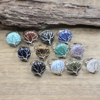 healing natural stone tree of life ring silver color wire wrap round crystal quartz resizable ring women fashion jewelryqc4030
