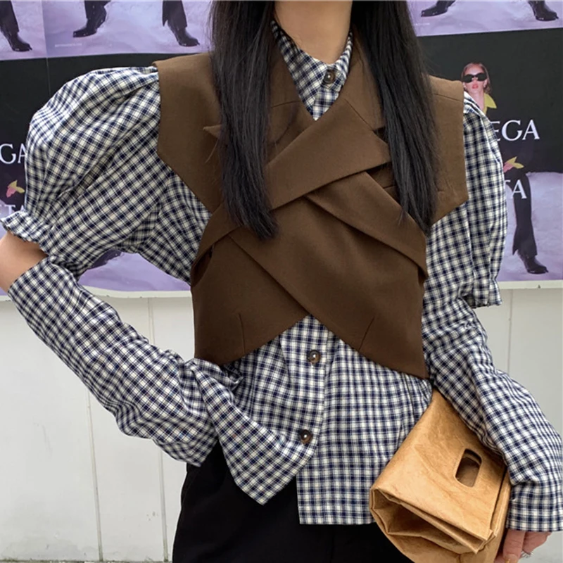 

VGH Plaid Casual Blouse For Women Lapel Long Sleeve Temperament Elegant Shirt Female 2020 Fashion New Clothing Autumn Stylish