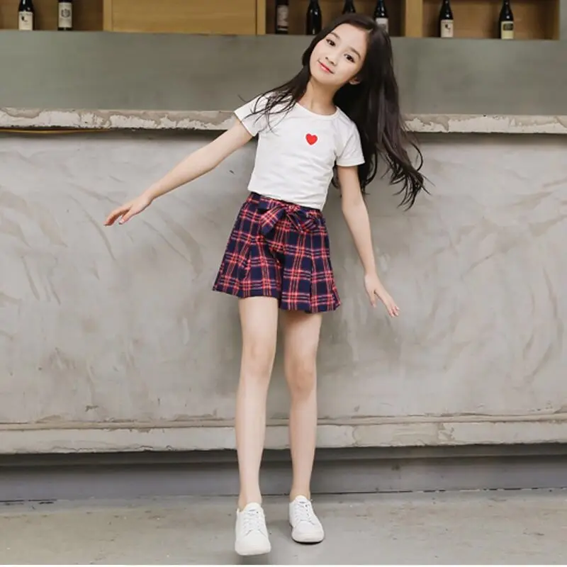 whiteteeplaidskirt MERI AMMI/комплект одежды для маленьких девочек, кружевная футболка без рукавов, топ с цветочным рисунком+ юбка с бантом, верхняя одежда для От 2 до 11 лет, детей - Цвет: whiteteeplaidskirt