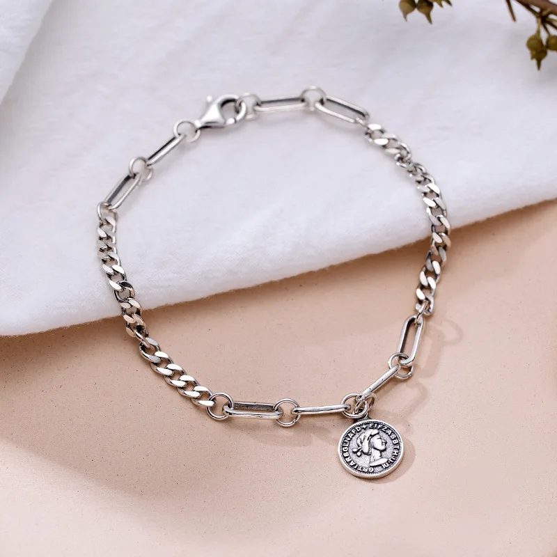 

New Arrival Elegant Head Portrait Coin 925 Sterling Silver Ladies Bracelet Jewelry For Women Short Chain Birthday Gift No Fade