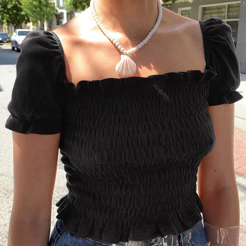 

2021 Sexy Ruched Black Lady T-Shirt Short Sleeve Ruffle Sleeve Square Collar Top Stretch Bodycon Clothing Women Chic Crop Top