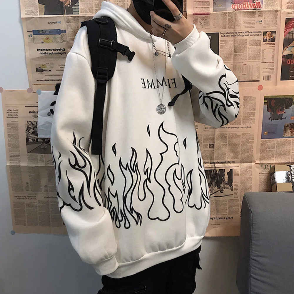 

Flame Print Men Women Hoodies Winter Thick Hooded Hoodies Mens Harajuku Letter Top Gothic Pullovers Casual Couple Sweatshirt
