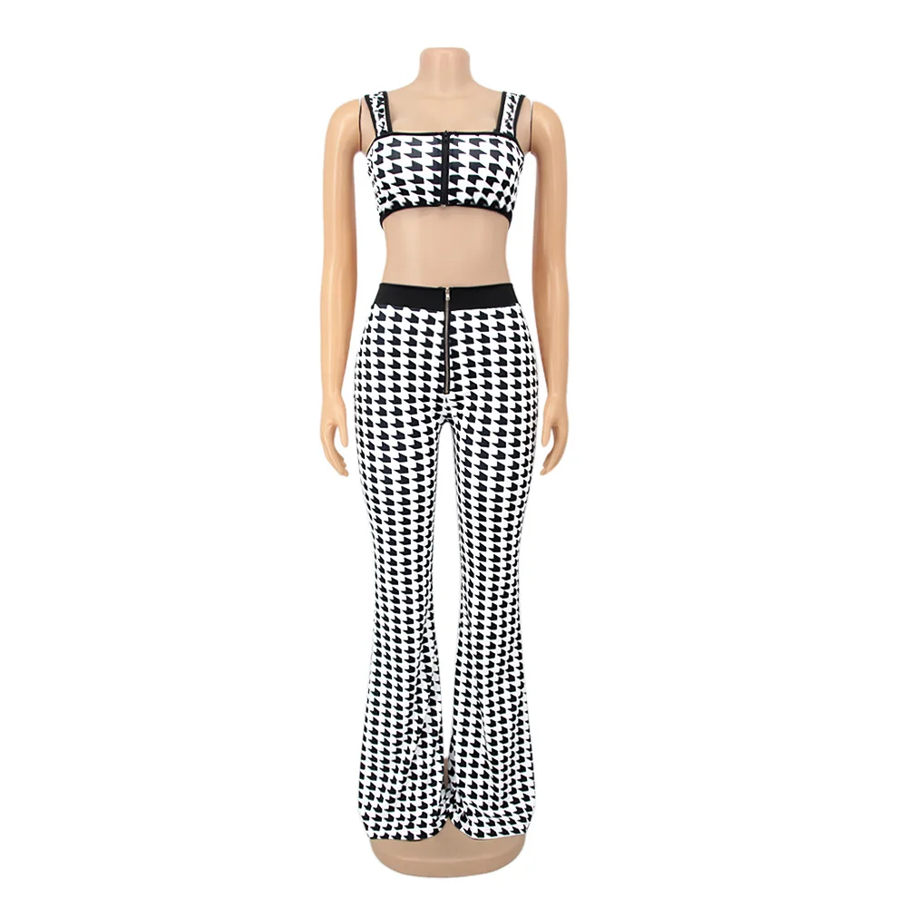 

Houndstooth Print Women 2 Piece Set Fitness Matching Wrap Chest Tank Crop Top + Zip-up Flare Bell Bottom Pant Party Club Outfits